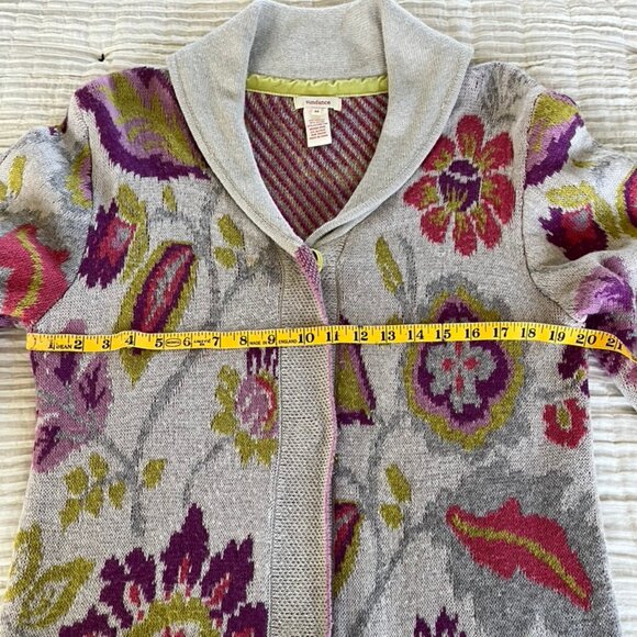Sundance Grey and Purple Flowered Long Wool & Alpaca Sweater Coat, M - Picture 6 of 7